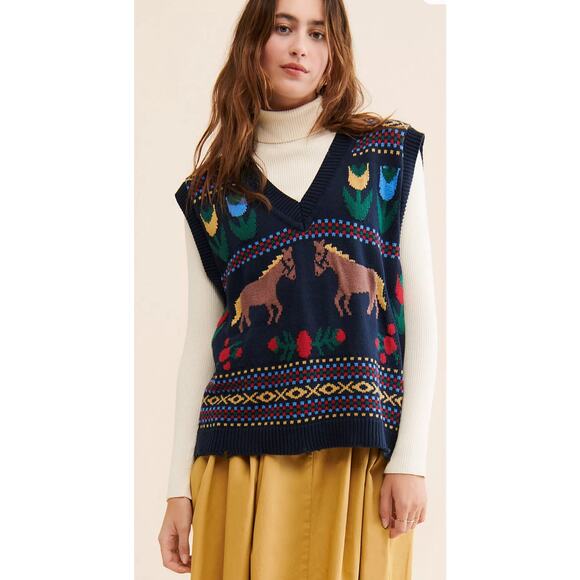 FOUND 
Horse Isles Distressed Sweater Vest In Navy ( Free People collab) - Picture 1 of 5